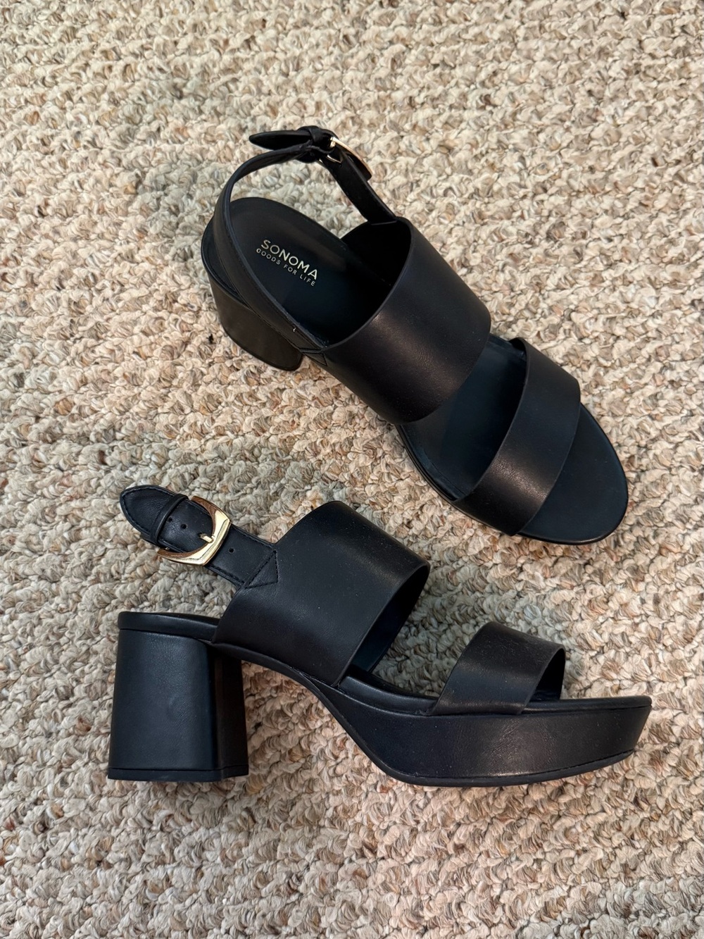 SONOMA Black Platform Block Heel Sandals with Gold Buckle Detail | Size 9 | NWOT